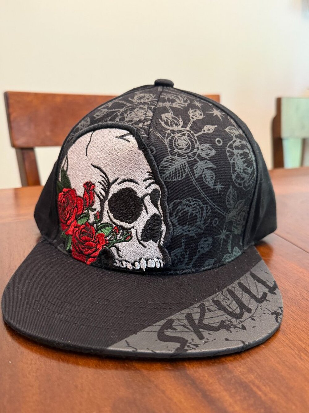 Top Level Skull Rose Snapback Hat Black Gothic Grunge Y2K Streetwear Tattoo 4221